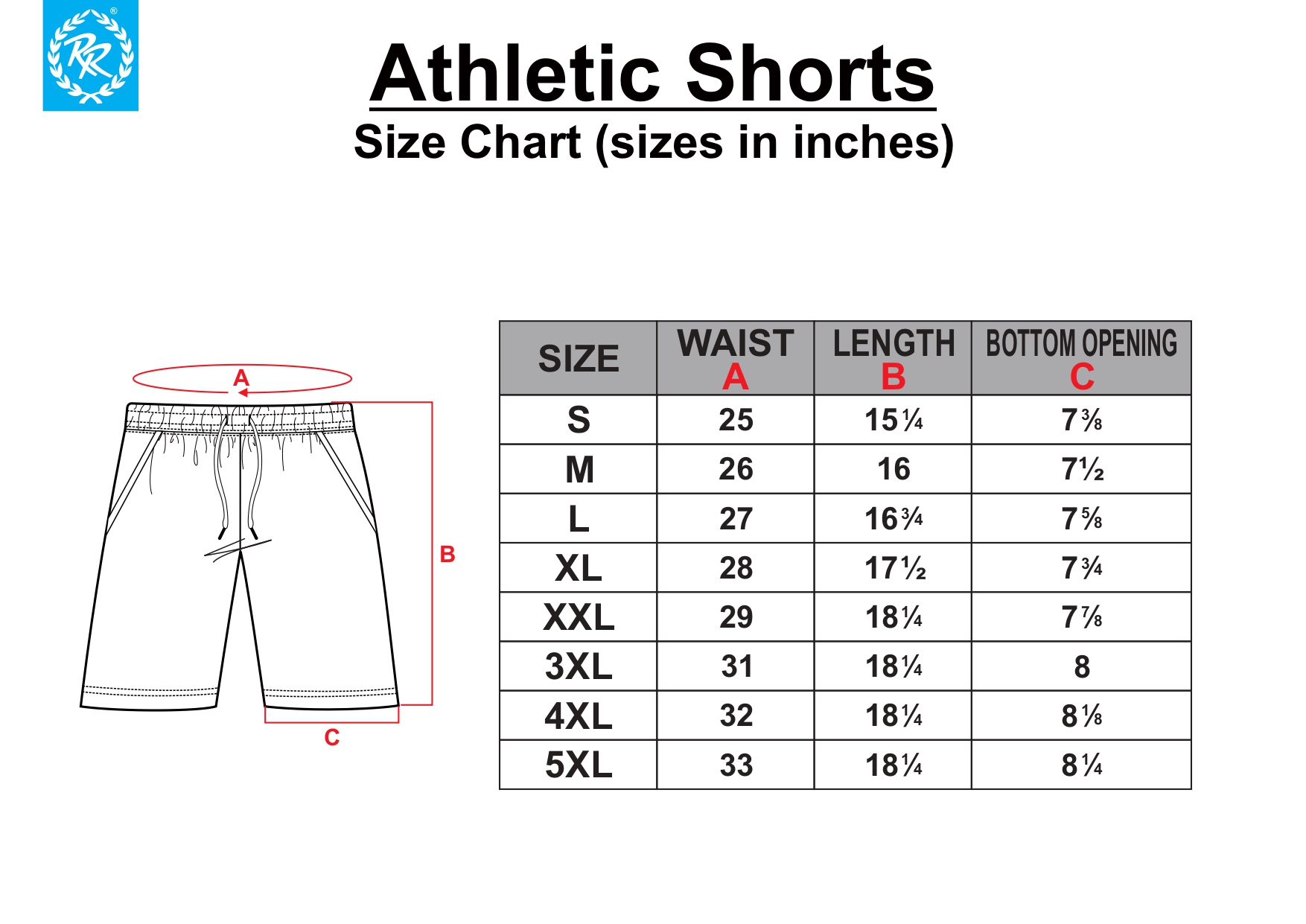 Size Chart For Men's Shorts