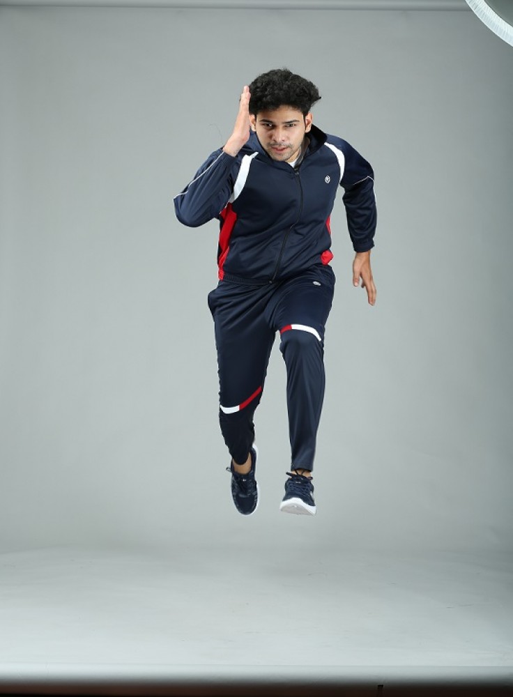 Navy Blue Track Suit with Red and White Stripe