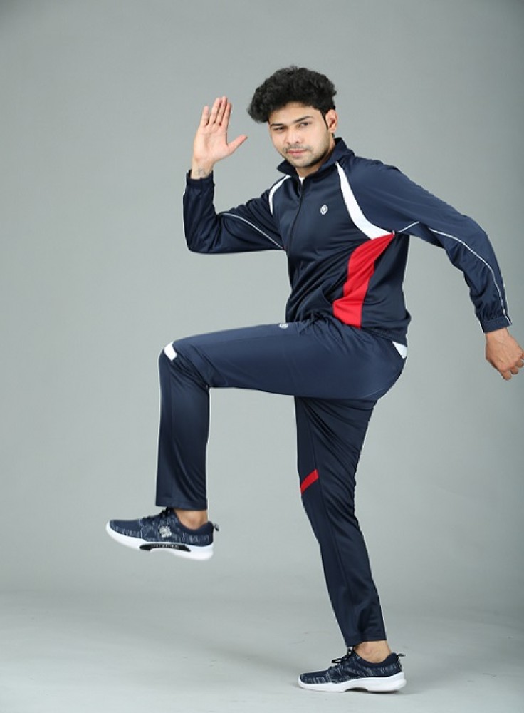 Navy Blue Track Suit with Red and White Stripe