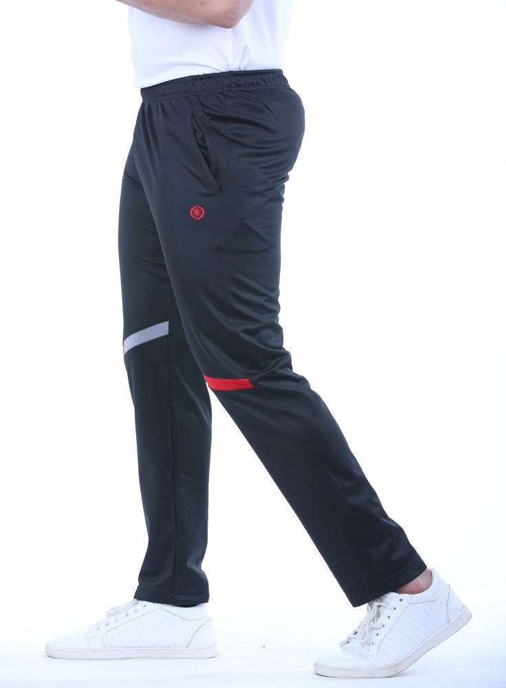 Black Narrow Fit Track Pant with Red and Light Grey Stripe