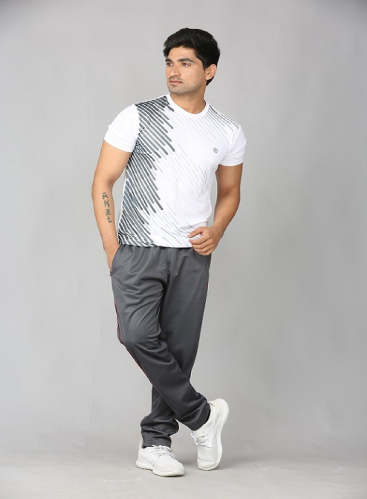 Dark Grey Jogging Wear with Grey Stripped White T-Shirt