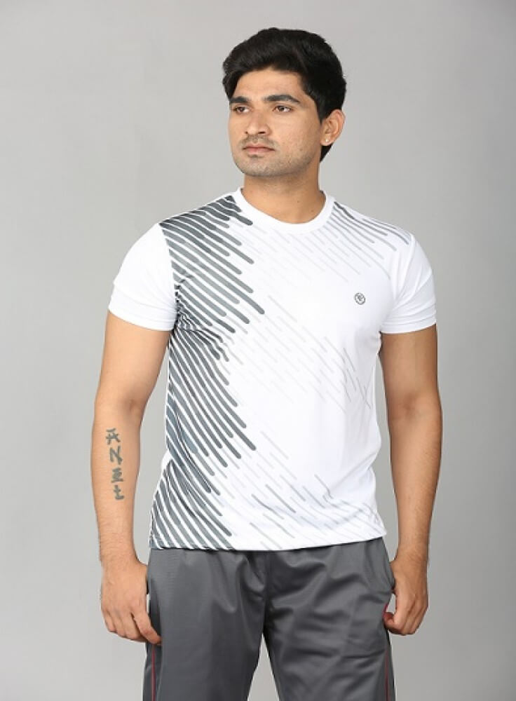 Dark Grey Jogging Wear with Grey Stripped White T-Shirt