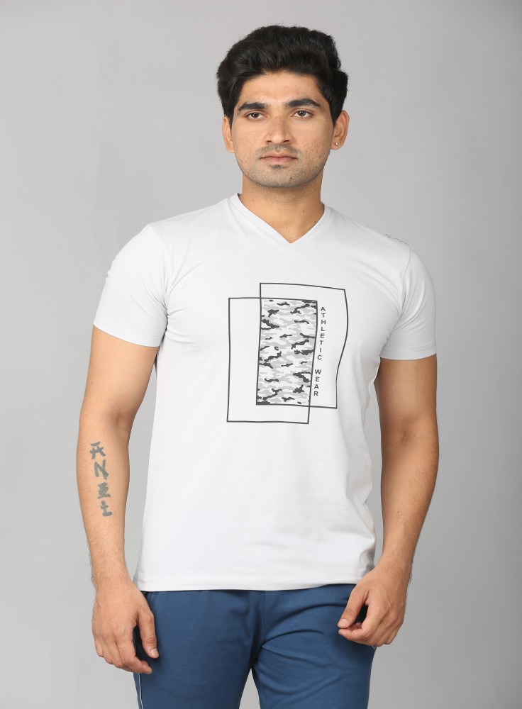 White V-Neck T-Shirt with Text Athletic
