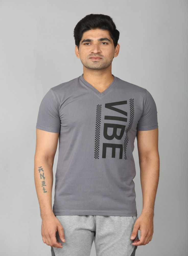 Light Grey V-Neck T-Shirt with Text Vibe