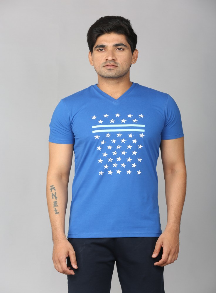 Blue V-Neck T-Shirt with Stars Design