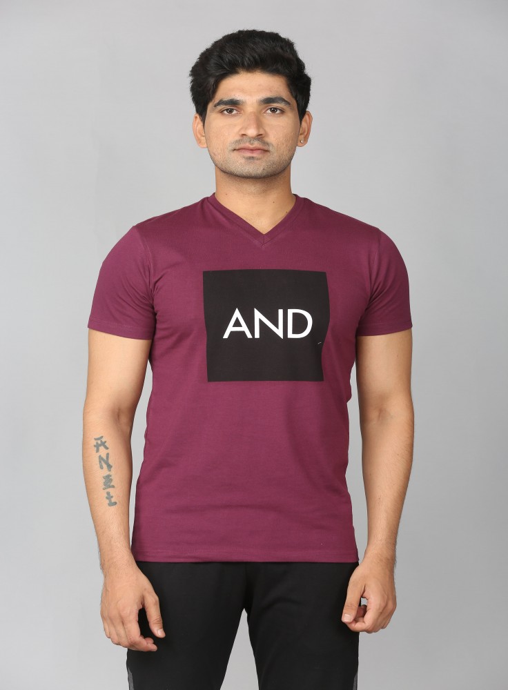 Dark Beige V-Neck T-Shirt with Text and