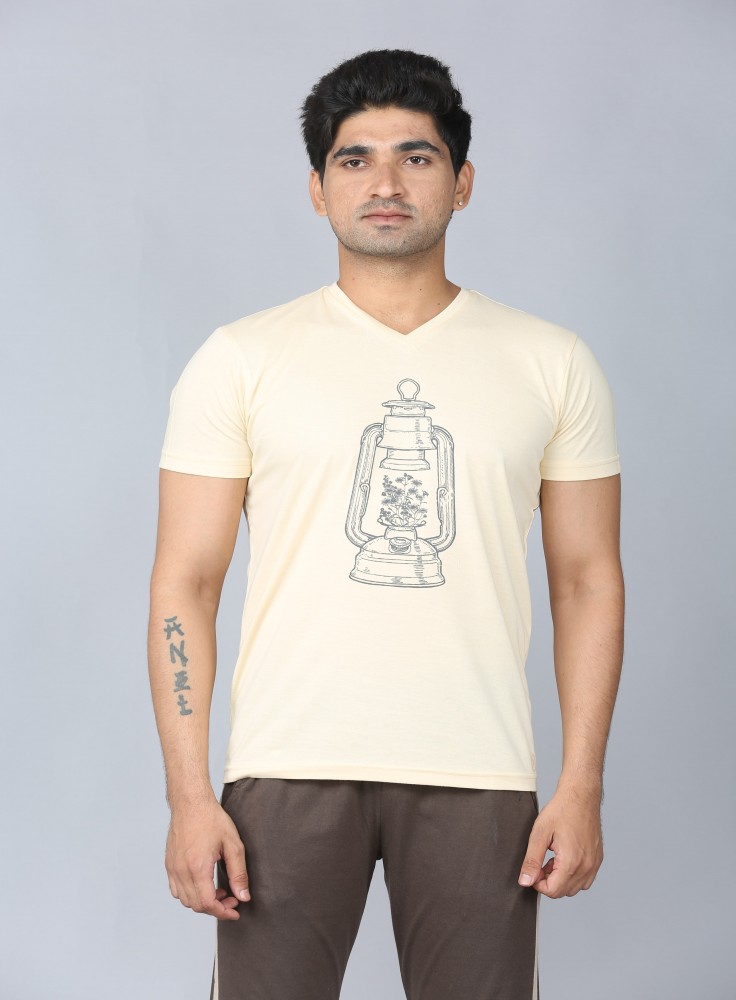 Beige V-Neck T-Shirt with Lamp Design