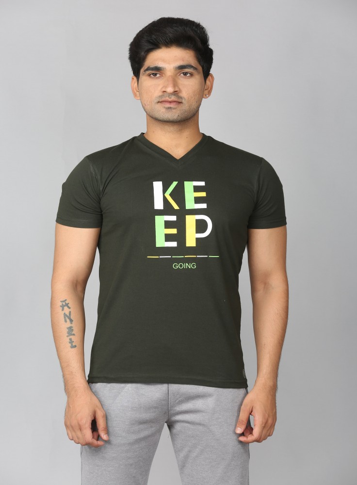 Dark Bottle Green V-Neck T-Shirt with Text Keep