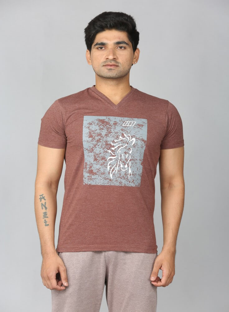 Light Beige V-Neck T-Shirt with Horse Design