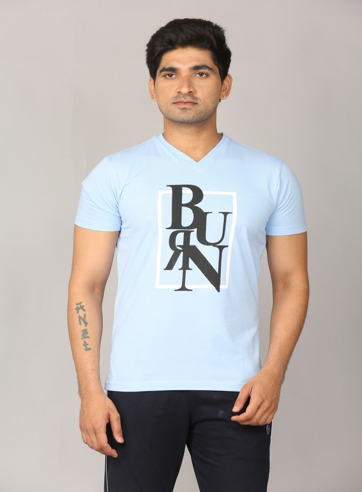 Sky Blue V-Neck T-Shirt with Text Burn